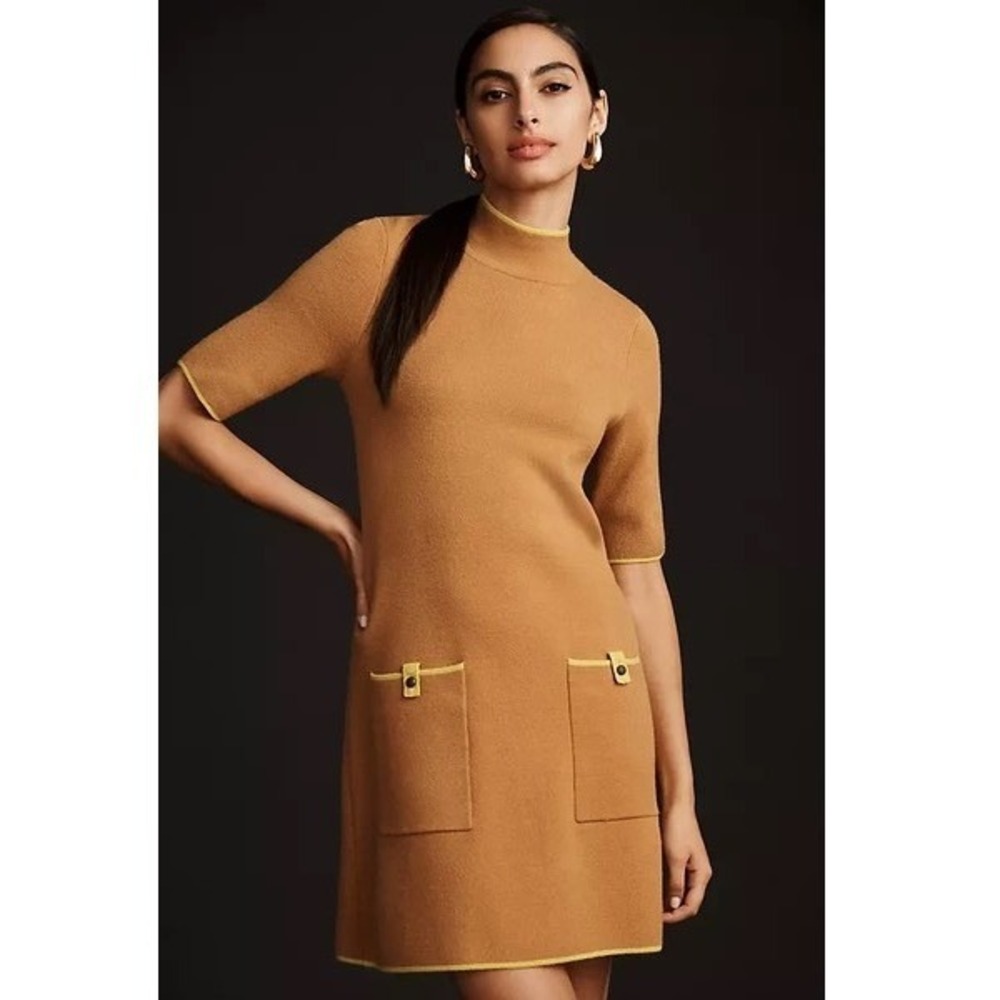 Anthropologie Maeve Annalise Sweater‎ Dress Womens S Brown Mock Neck Mod Pockets